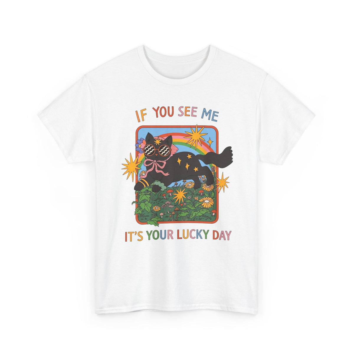 If You See Me It's Your Lucky Day T-Shirt — Retro Groovy Black Cat Rainbow Graphic Tee