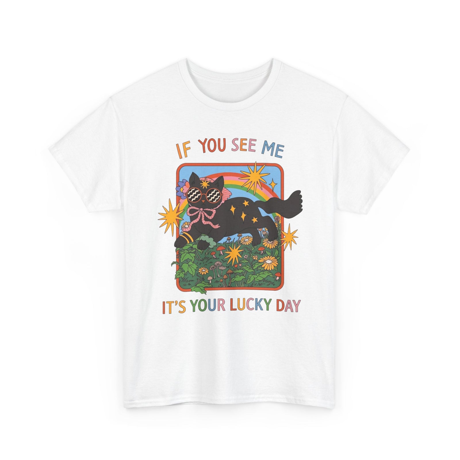 If You See Me It's Your Lucky Day T-Shirt — Retro Groovy Black Cat Rainbow Graphic Tee