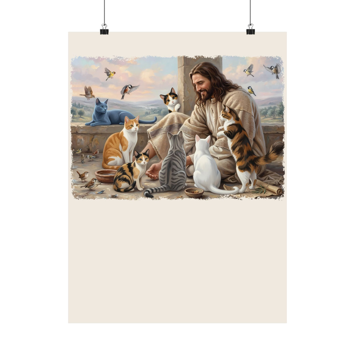 Jesus Surrounded by Cats Poster — Religious Cat Lover Poster