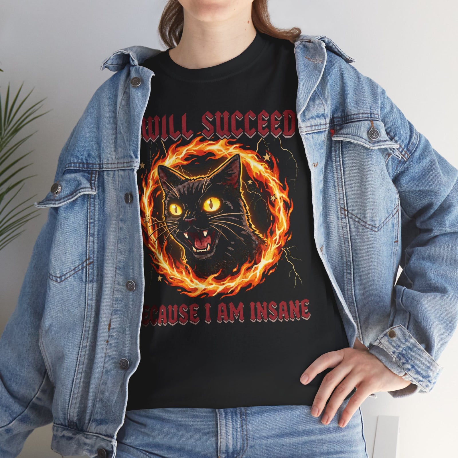 I Will Succeed Because I Am Insane T-Shirt — Heavy Metal Black Cat Graphic Tee
