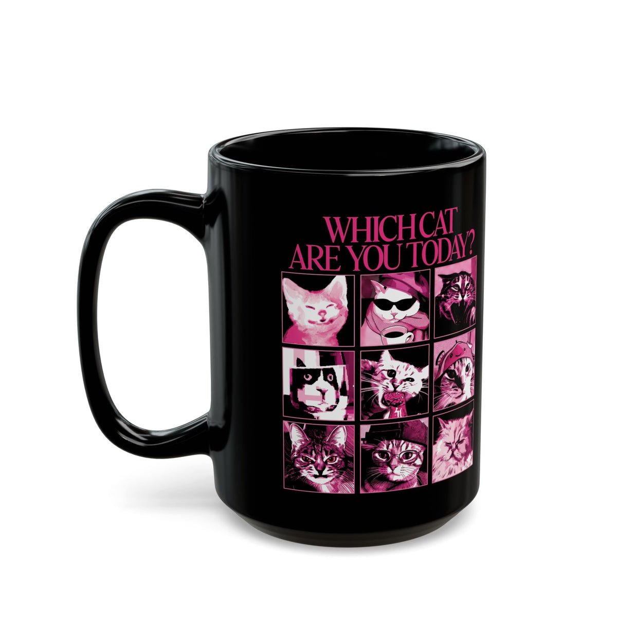 Cat Mood Chart Black Mug — Pink Pop Art Feline Expressions Graphic