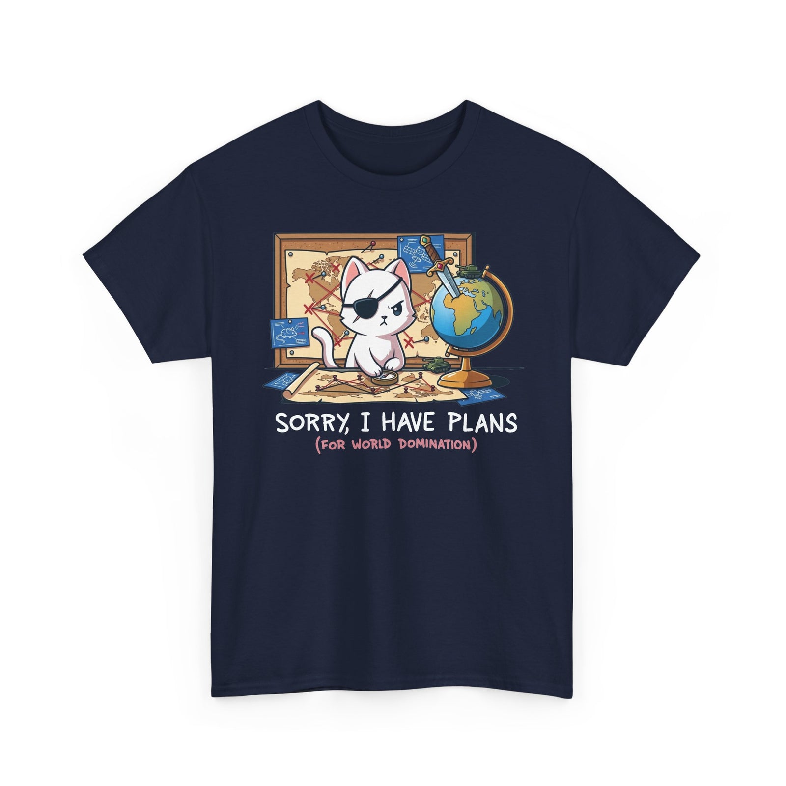 Travel Planner Cat T-Shirt — “Sorry I Have Plans (with World Domination)”