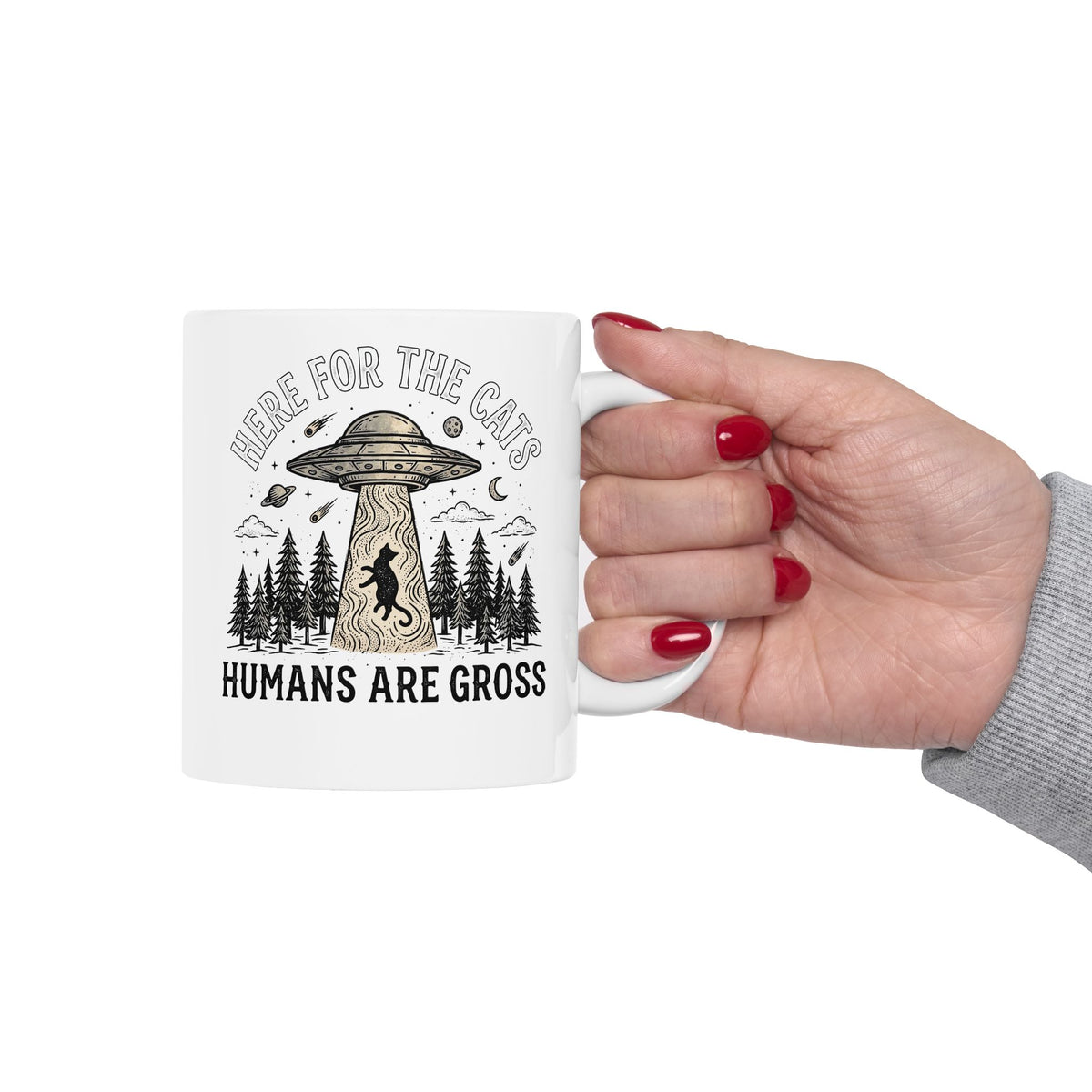 Here For The Cat Mug — 'Humans Are Gross' Cat Lover Ceramic Mug