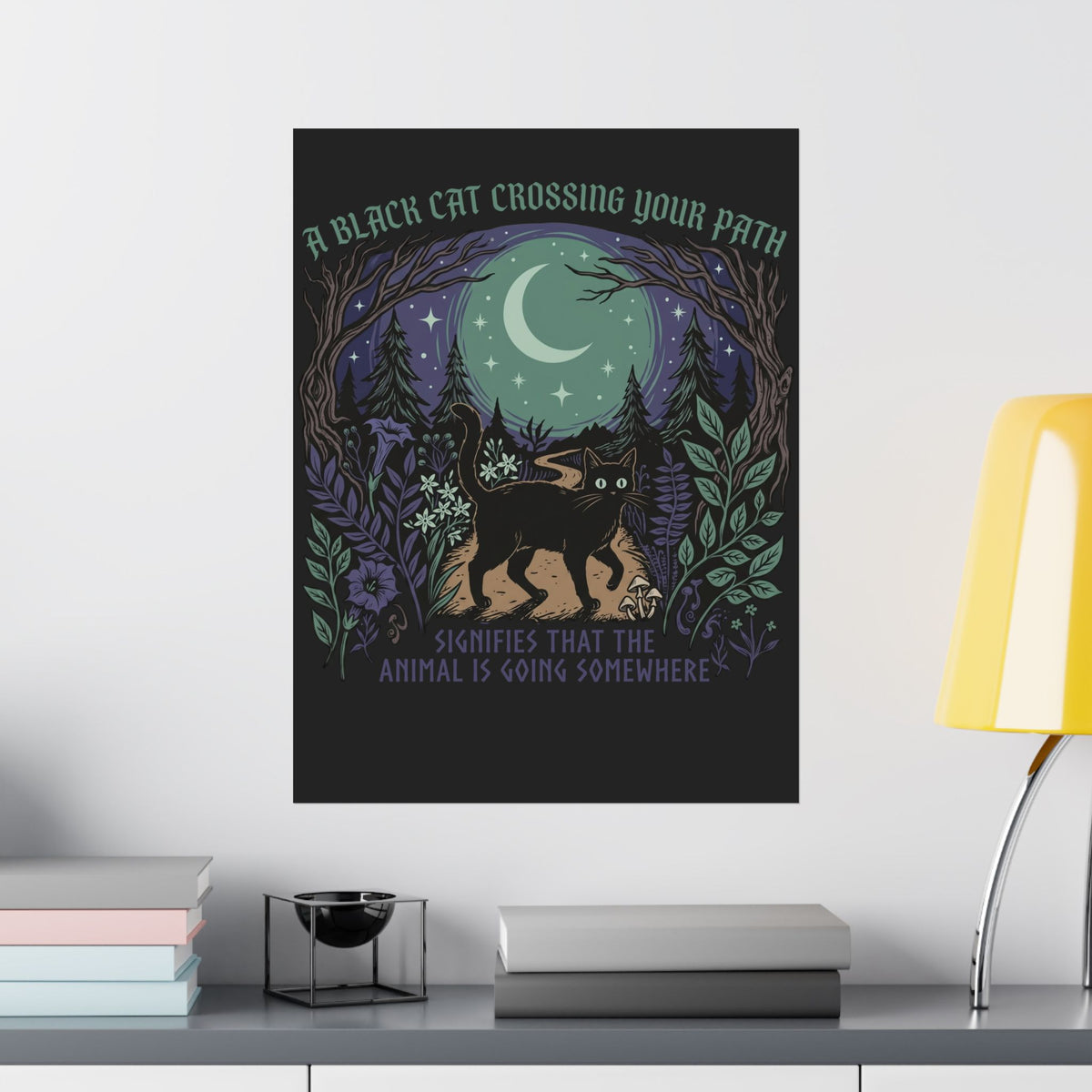 Black Cat Crossing Your Path Poster — Whimsical Moonlit Forest Cat Poster