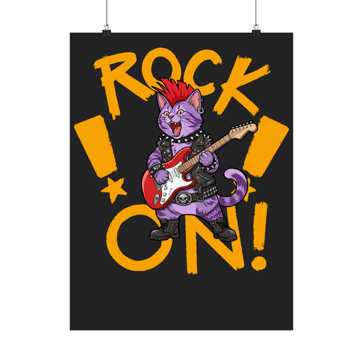 Rock On Punk Rock Cat Poster — Purple Feline Mohawk Electric Guitar Poster