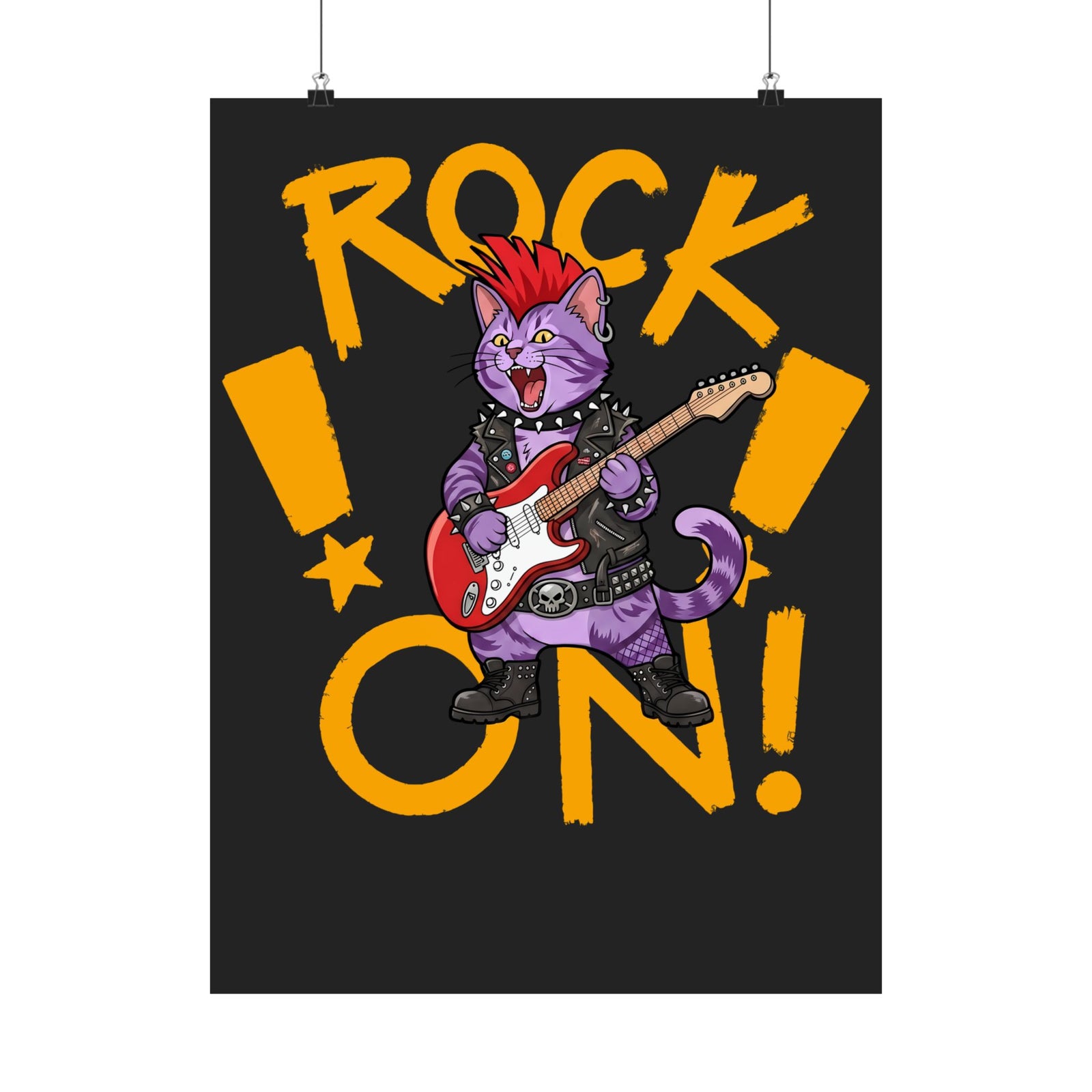 Rock On Punk Rock Cat Poster — Purple Feline Mohawk Electric Guitar Poster