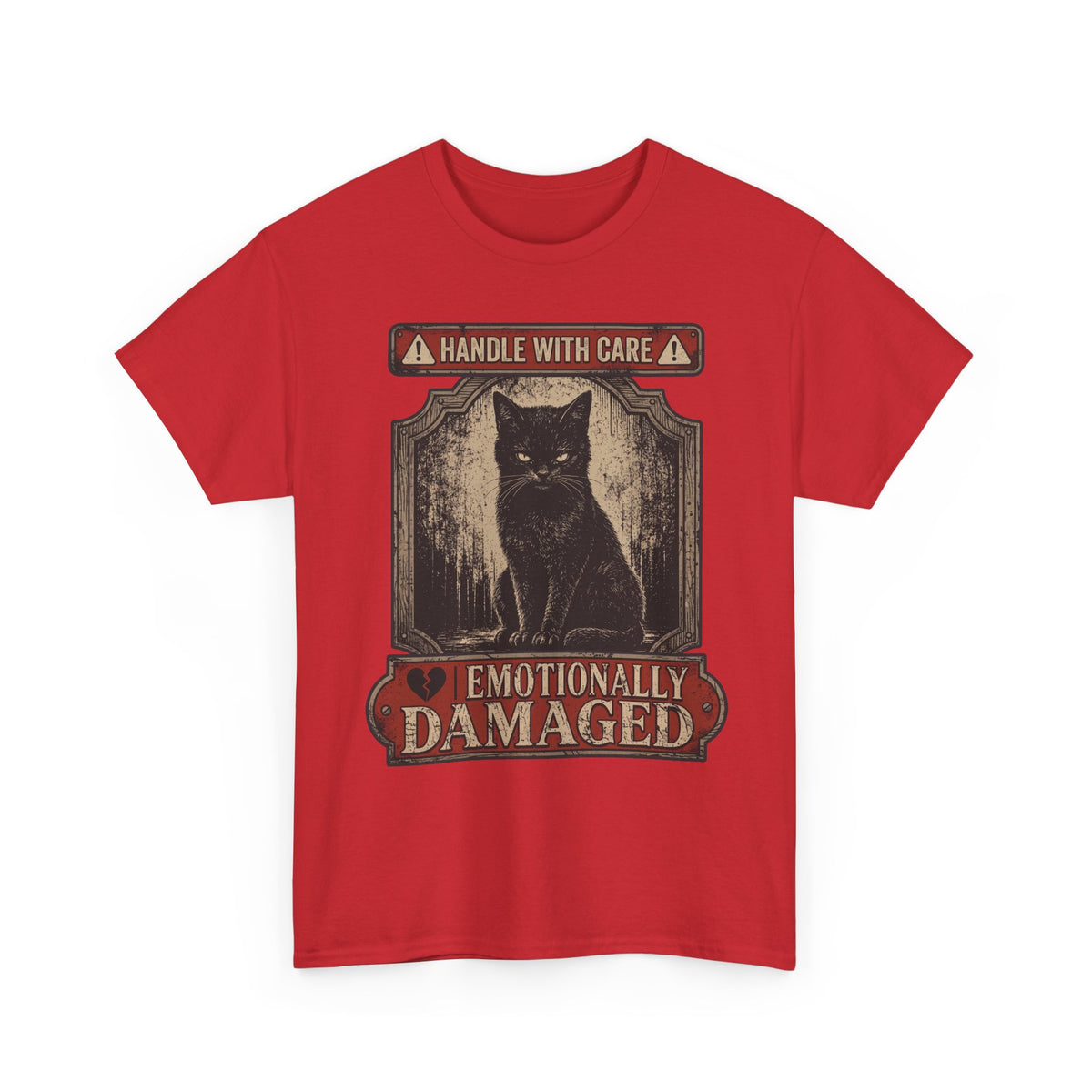 Emotionally Damaged Cat T-Shirt – "Handle With Care" Vintage Black Tee