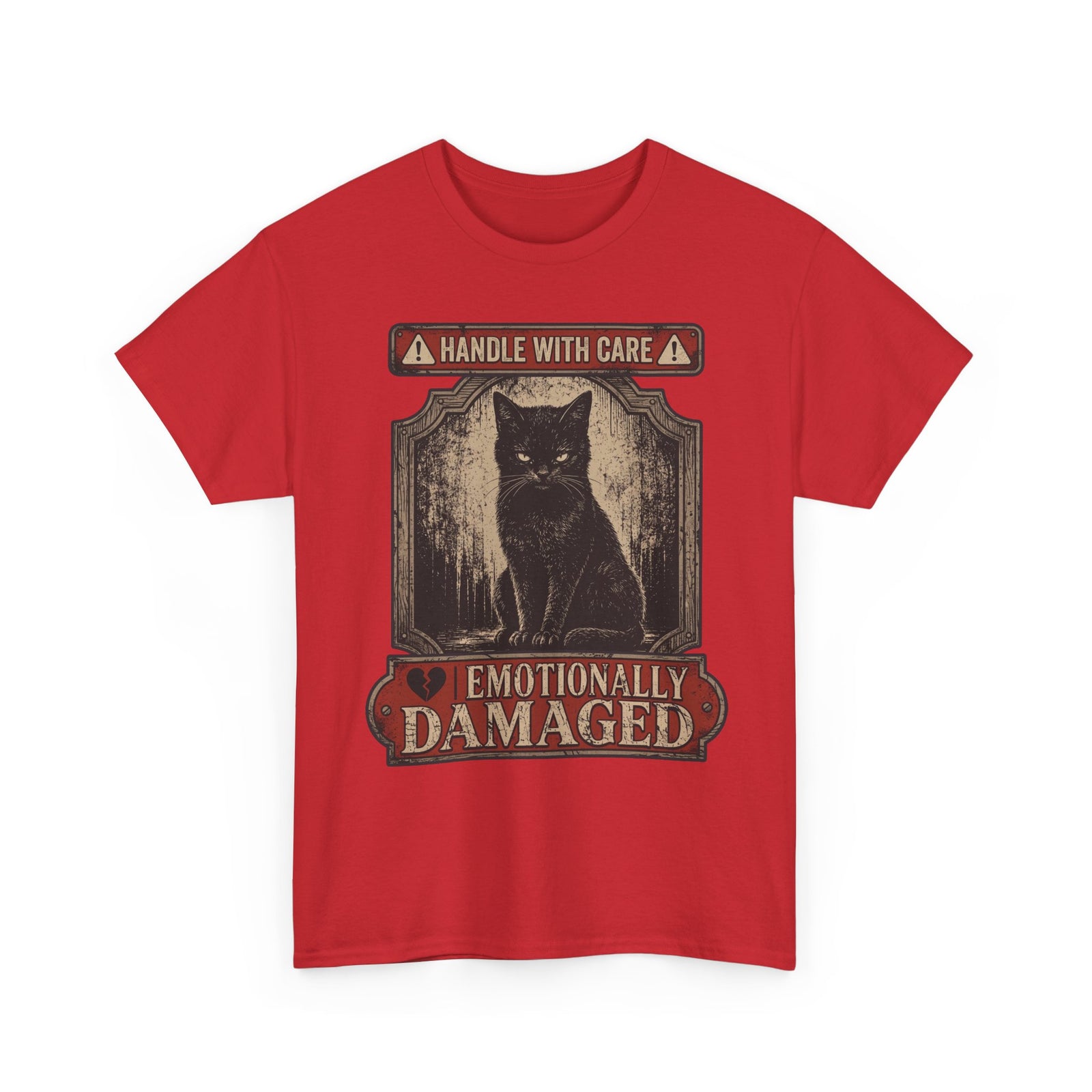 Emotionally Damaged Cat T-Shirt – "Handle With Care" Vintage Black Tee
