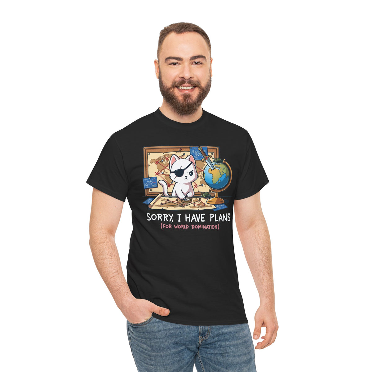 Travel Planner Cat T-Shirt — “Sorry I Have Plans (with World Domination)”