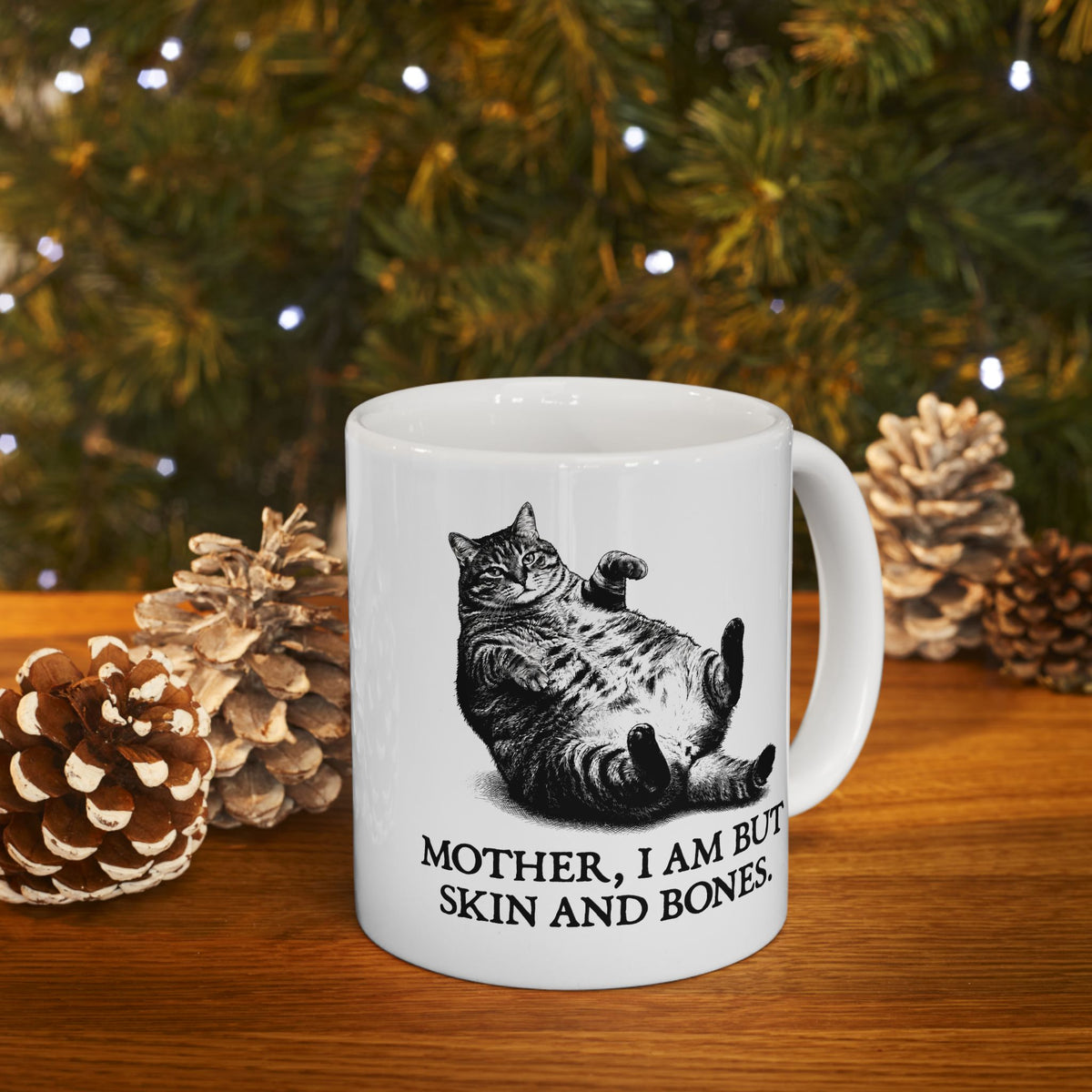 Skin And Bones Chonk Cat Ceramic Mug — Funny Dramatic Feline Graphic Mug