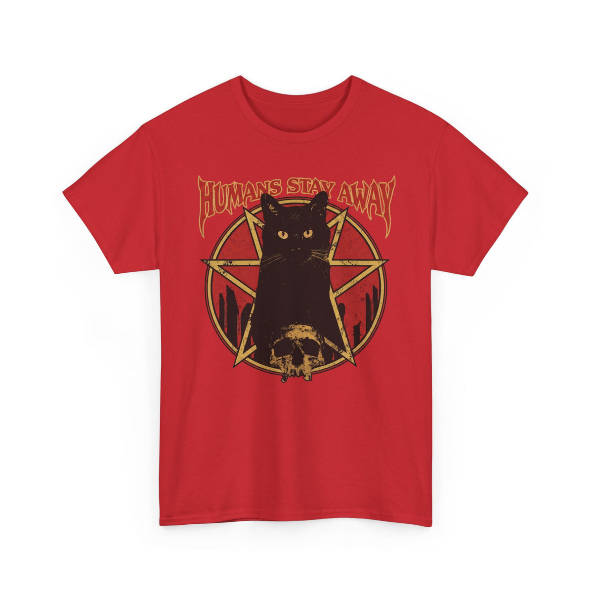 Humans Stay Away Black Cat T-Shirt — Heavy Metal Occult Pentagram Tee