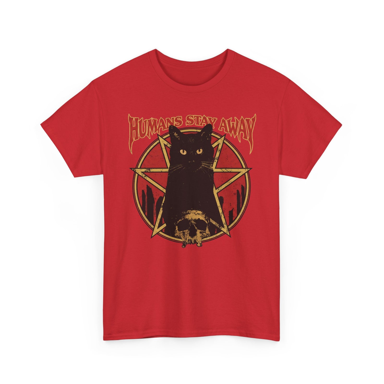 Humans Stay Away Black Cat T-Shirt — Heavy Metal Occult Pentagram Tee