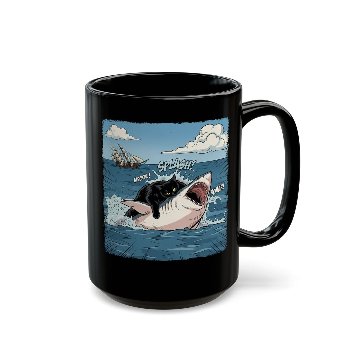 Black Cat Vs White Shark Black Mug — Funny Comic Book Ocean Battle Mug