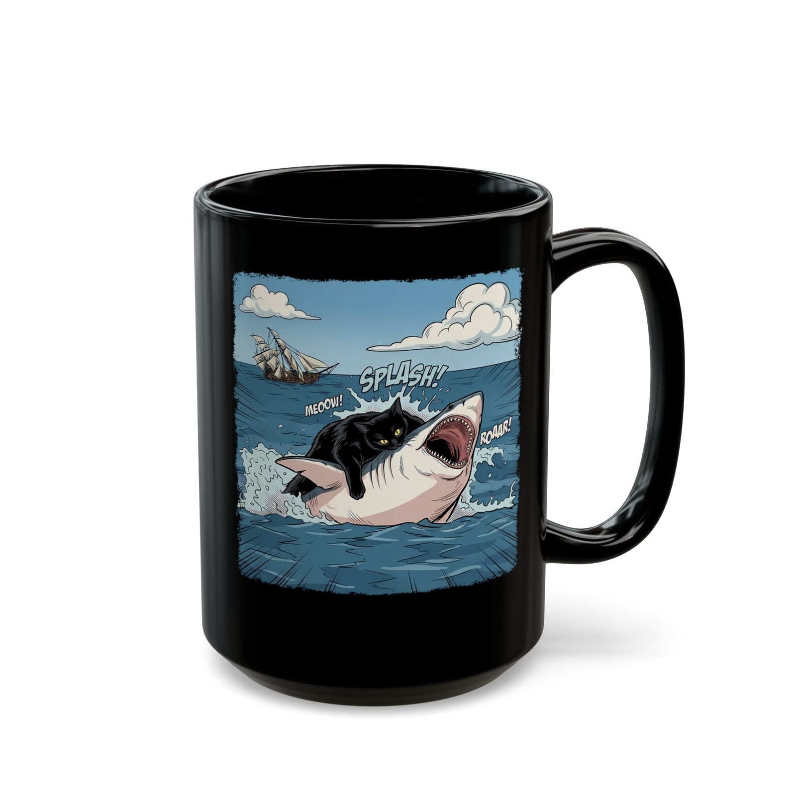 Black Cat Vs White Shark Black Mug — Funny Comic Book Ocean Battle Mug