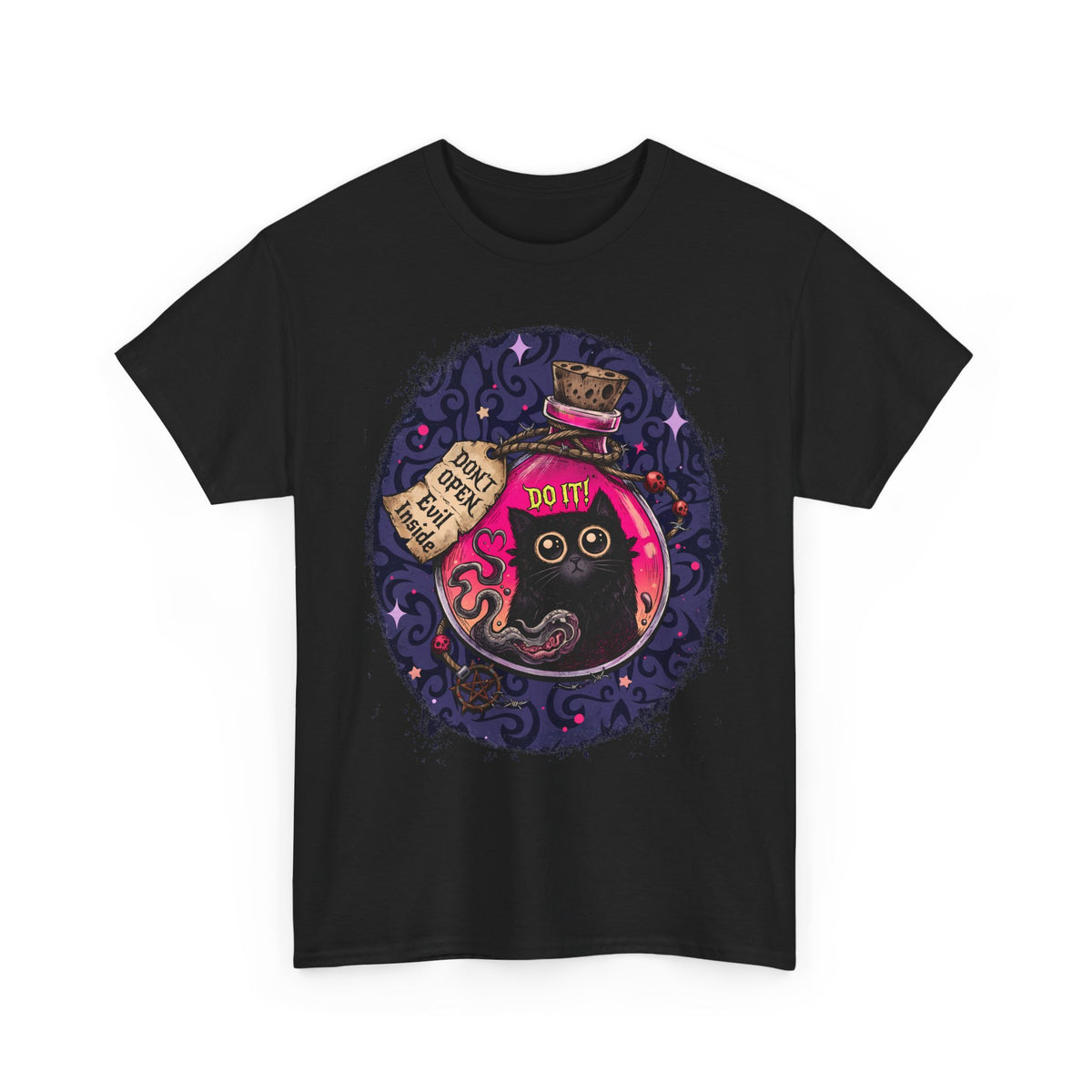 Don't Open Evil Inside Potion Cat T-Shirt — Creepy Cute Black Cat Tee