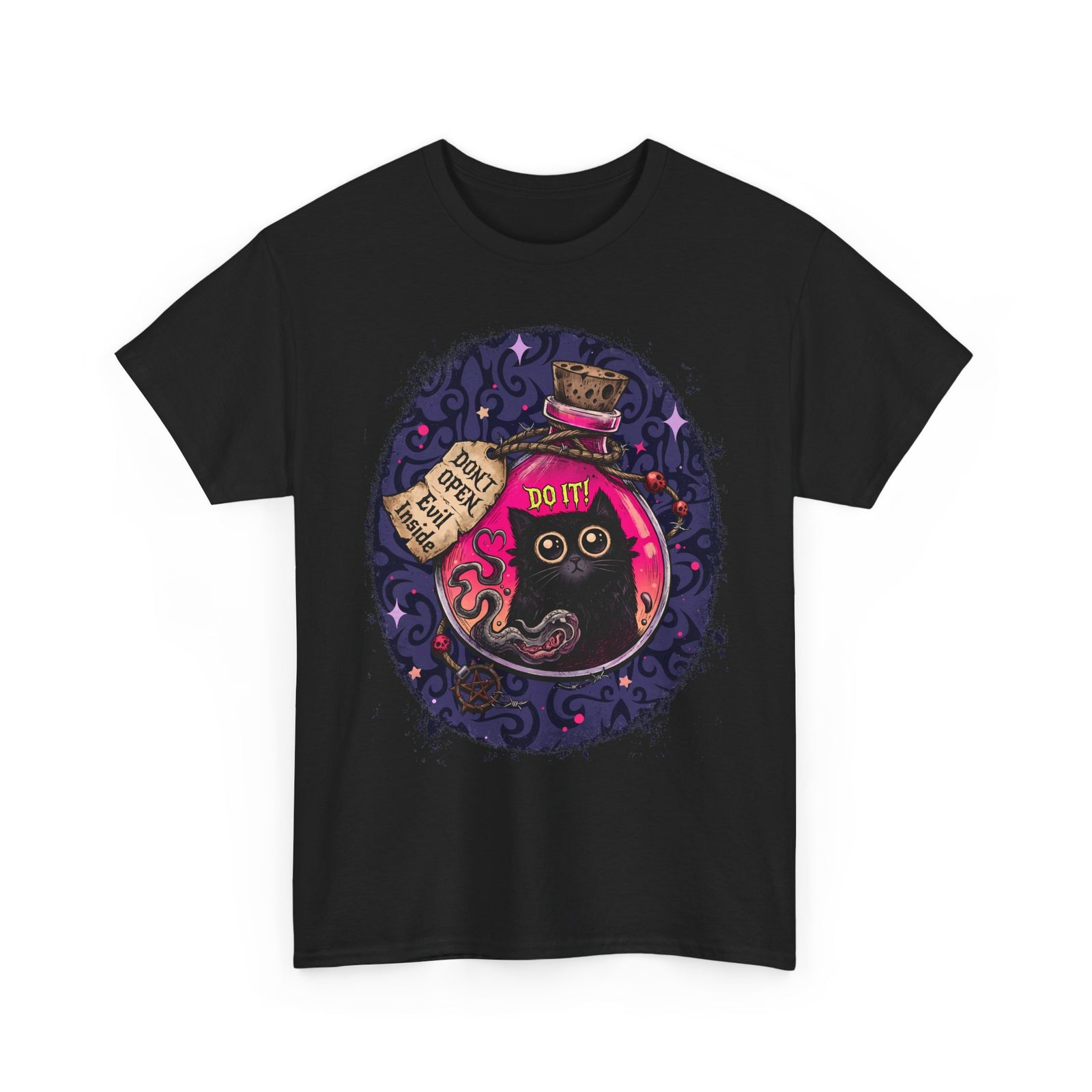 Don't Open Evil Inside Potion Cat T-Shirt — Creepy Cute Black Cat Tee