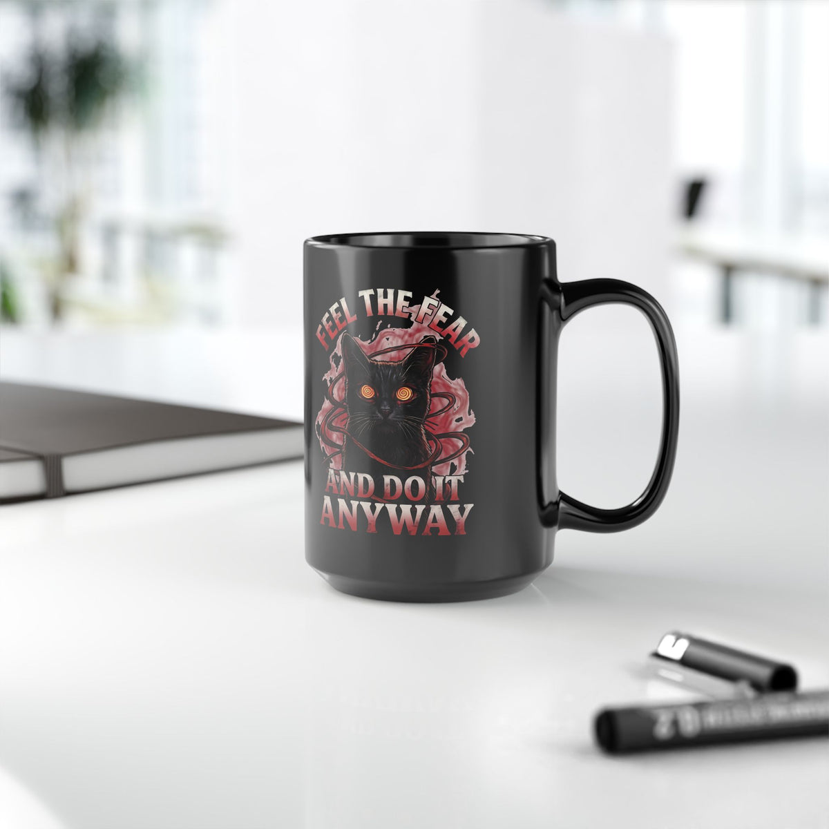 Feel The Fear And Do It Anyway Black Mug — Hypnotic Black Cat Horror Graphic