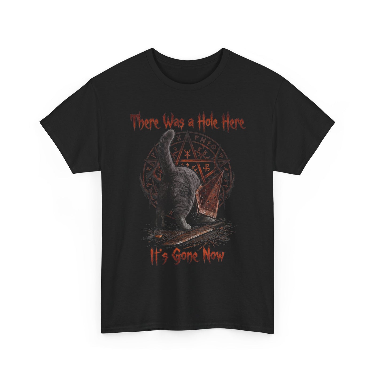 There Was A Hole Here Pyramid Head Cat T-Shirt — Silent Hill Parody Gaming Tee