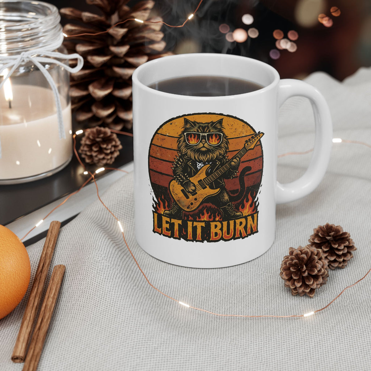Let It Burn Rocker Cat Ceramic Mug — Heavy Metal Guitar Feline Graphic