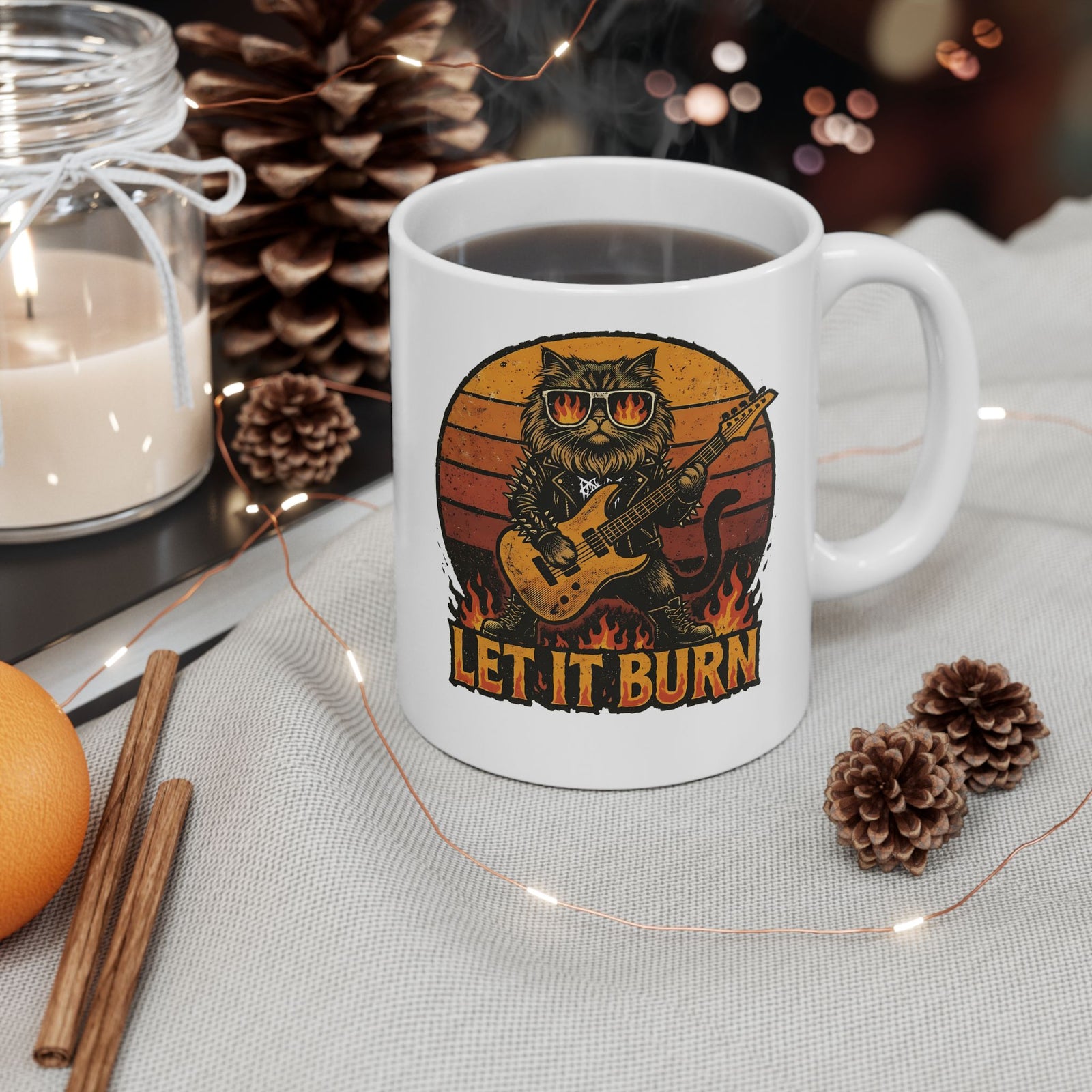 Let It Burn Rocker Cat Ceramic Mug — Heavy Metal Guitar Feline Graphic
