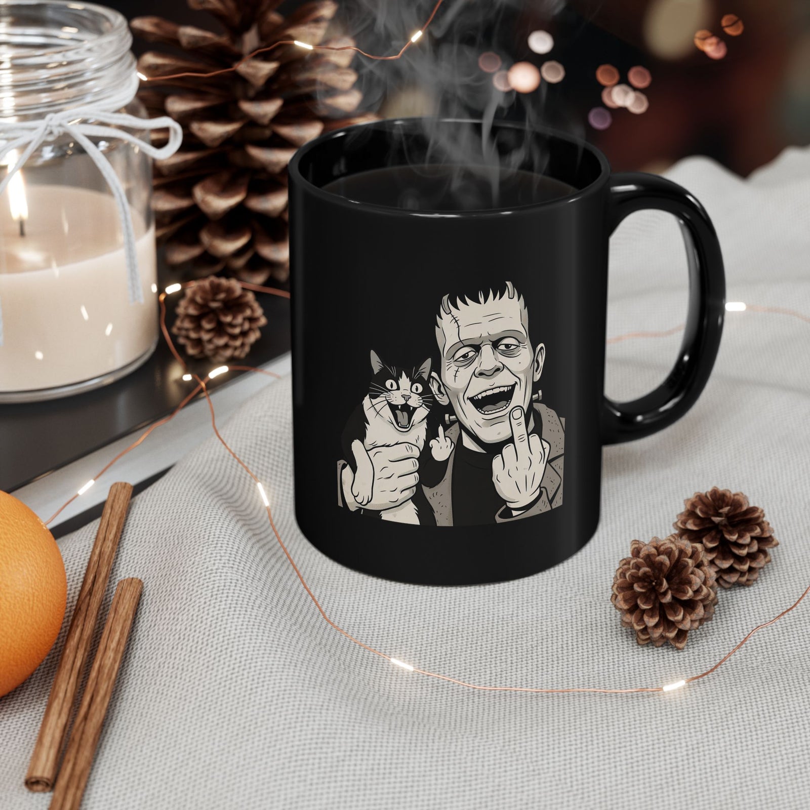 Frankenstein Cat T‑Mug — Cute Spooky Cat & Frankenstein Design