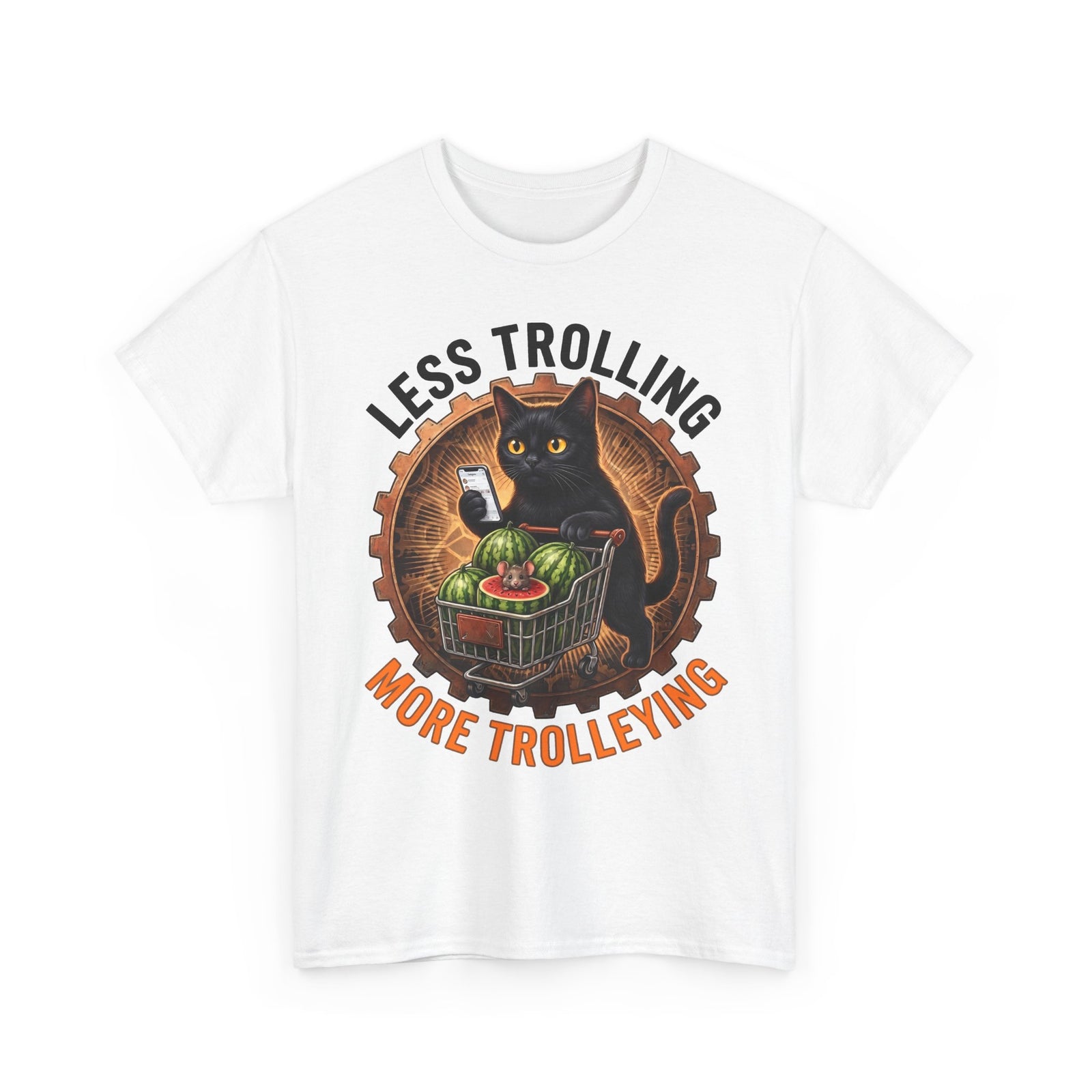 Less Trolling More Trolleying T-Shirt — Funny Black Cat Shopping Cart Pun Tee