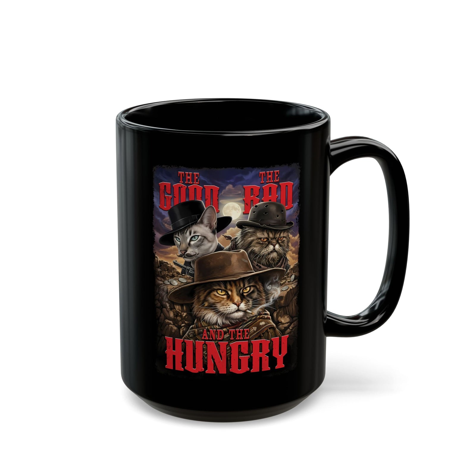 The Good The Bad The Hungry — Cat Parody Black Mug
