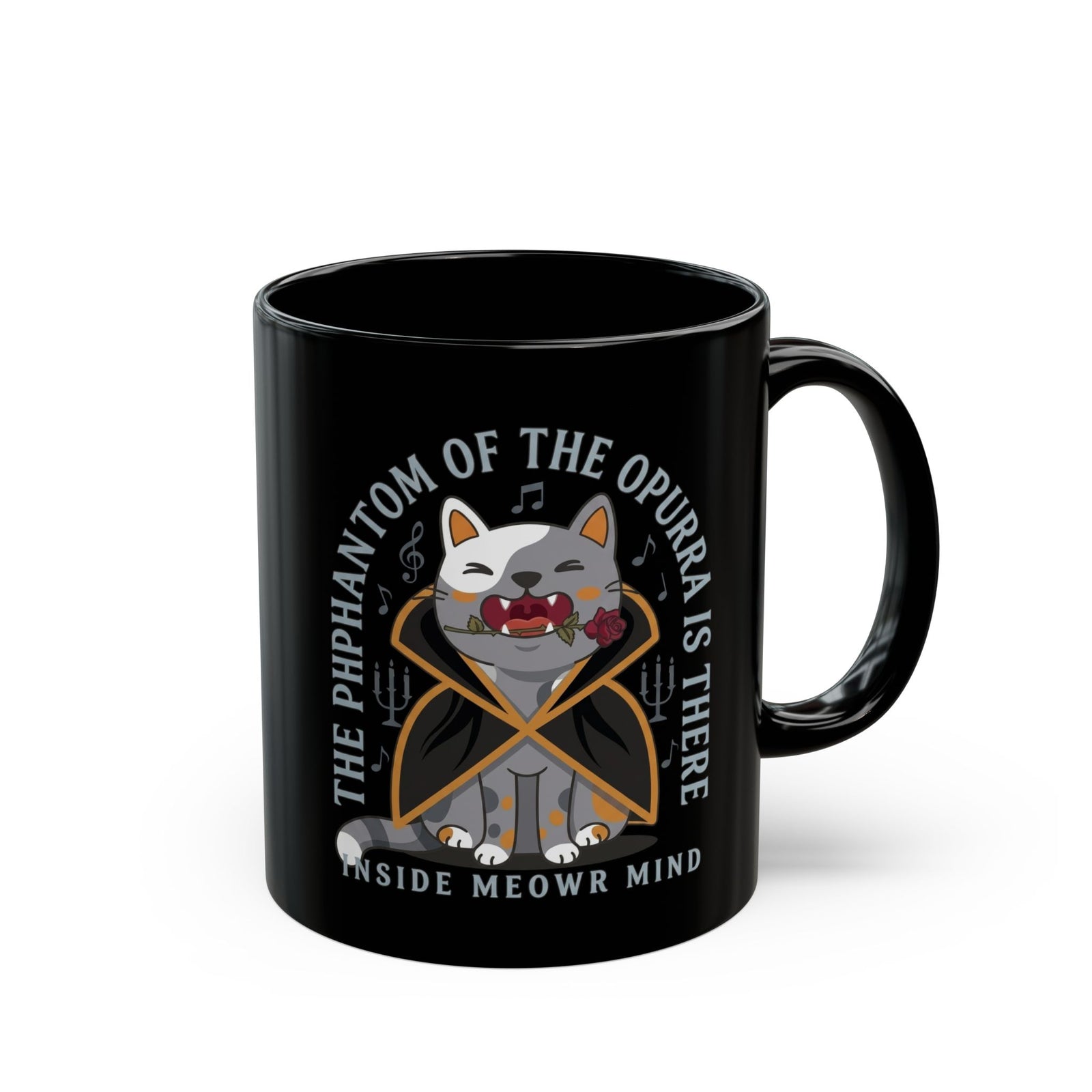 Phantom of the Opurra Black Mug — Cat Musical Parody Mug