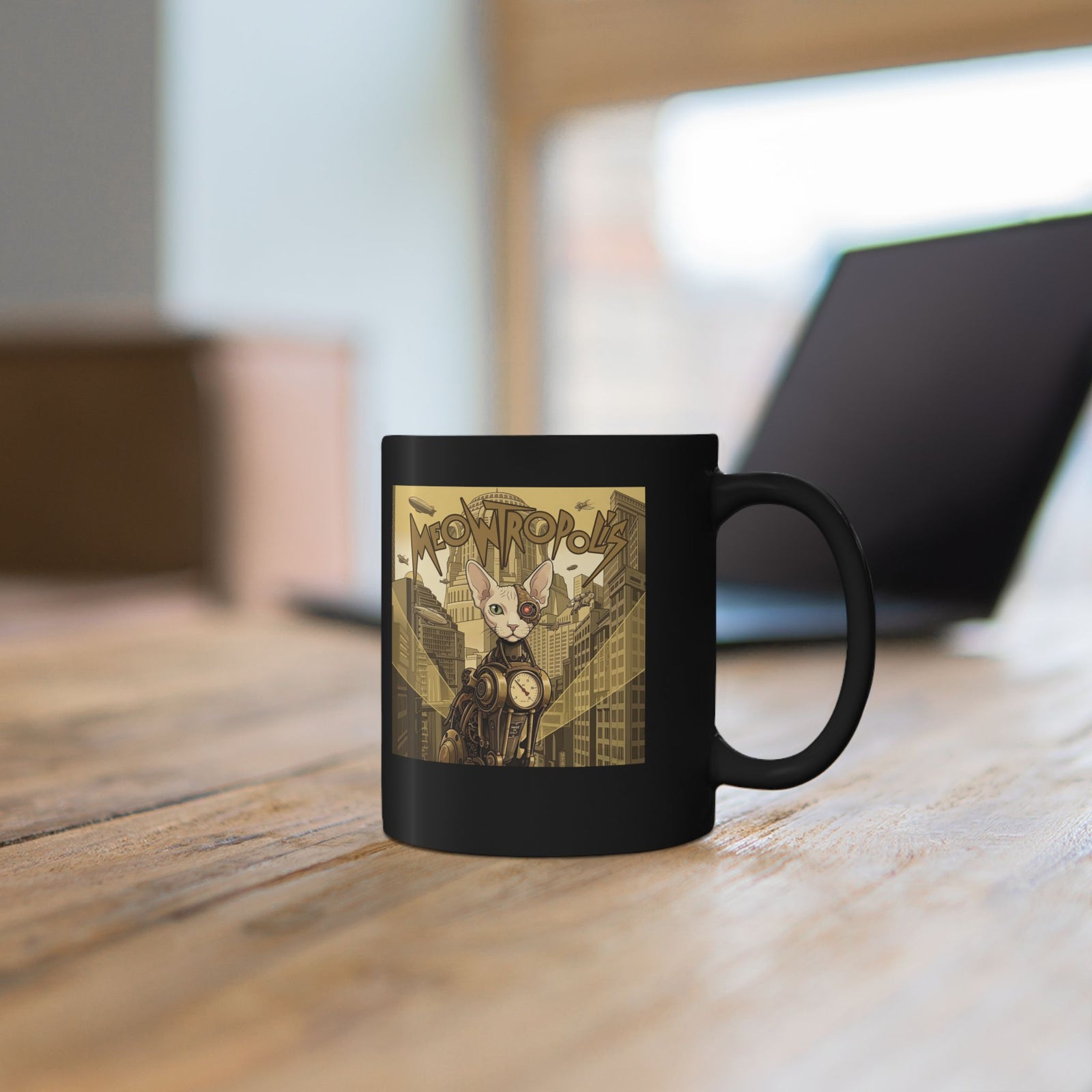 Meowtropolis Sci‑Fi Cat Black Mug — Futuristic Cat Graphic Mug