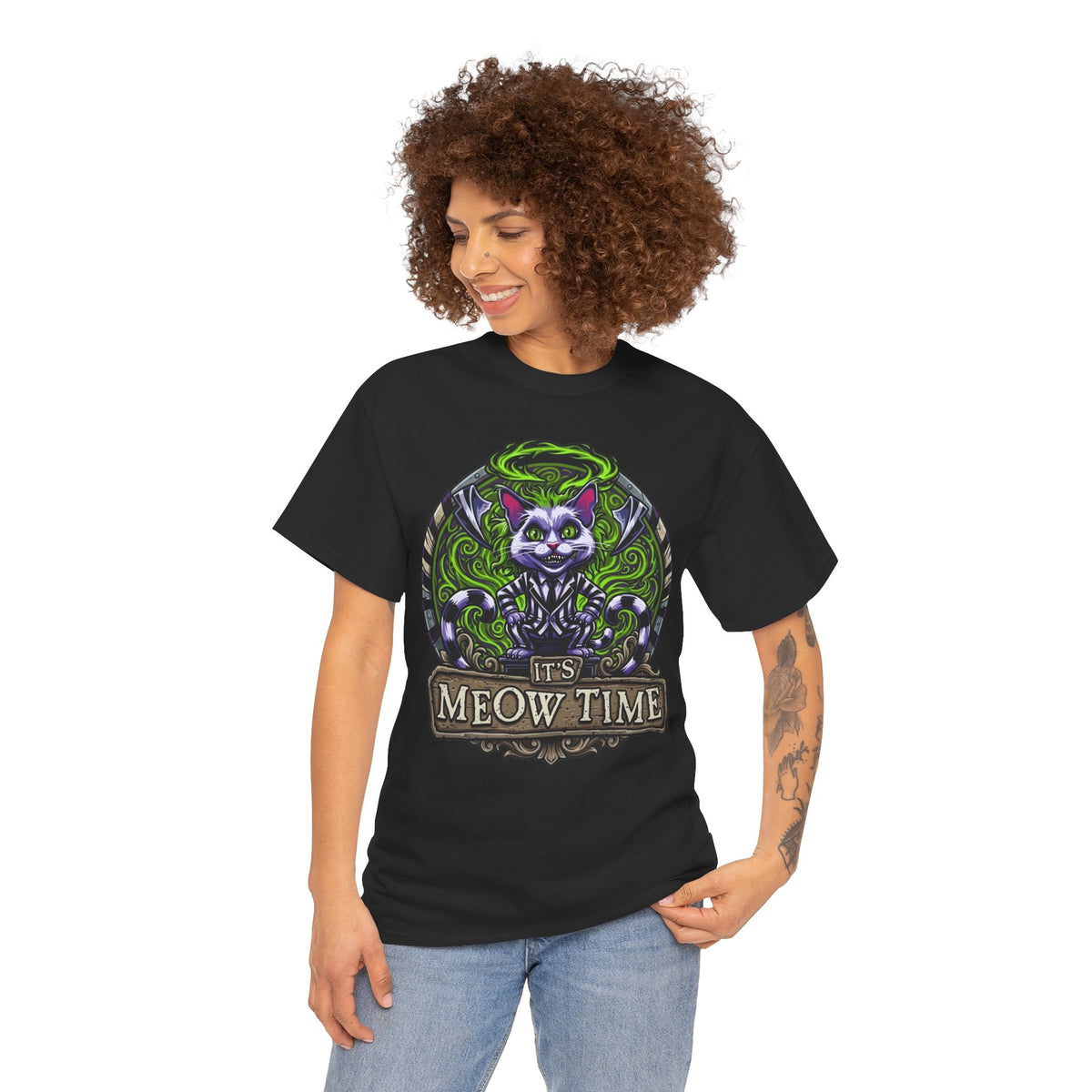 It's Meow Time Cat T‑Shirt — Gothic Neon Halloween Cat Graphic Tee
