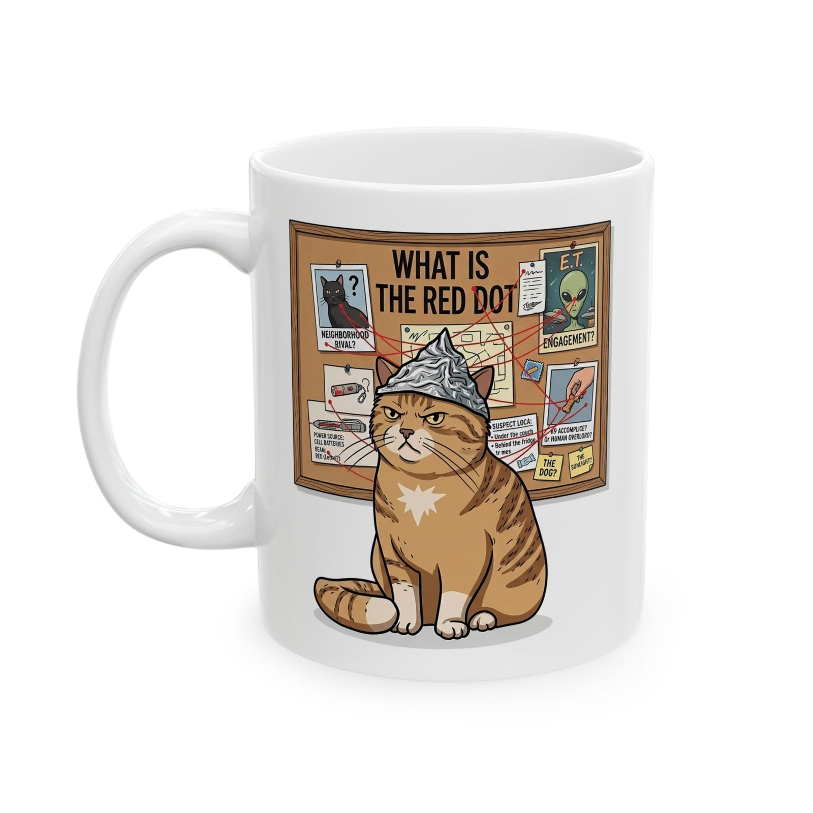 Funny Cat Conspiracy Mug "What Is The Red Dot?" Laser Pointer Humor