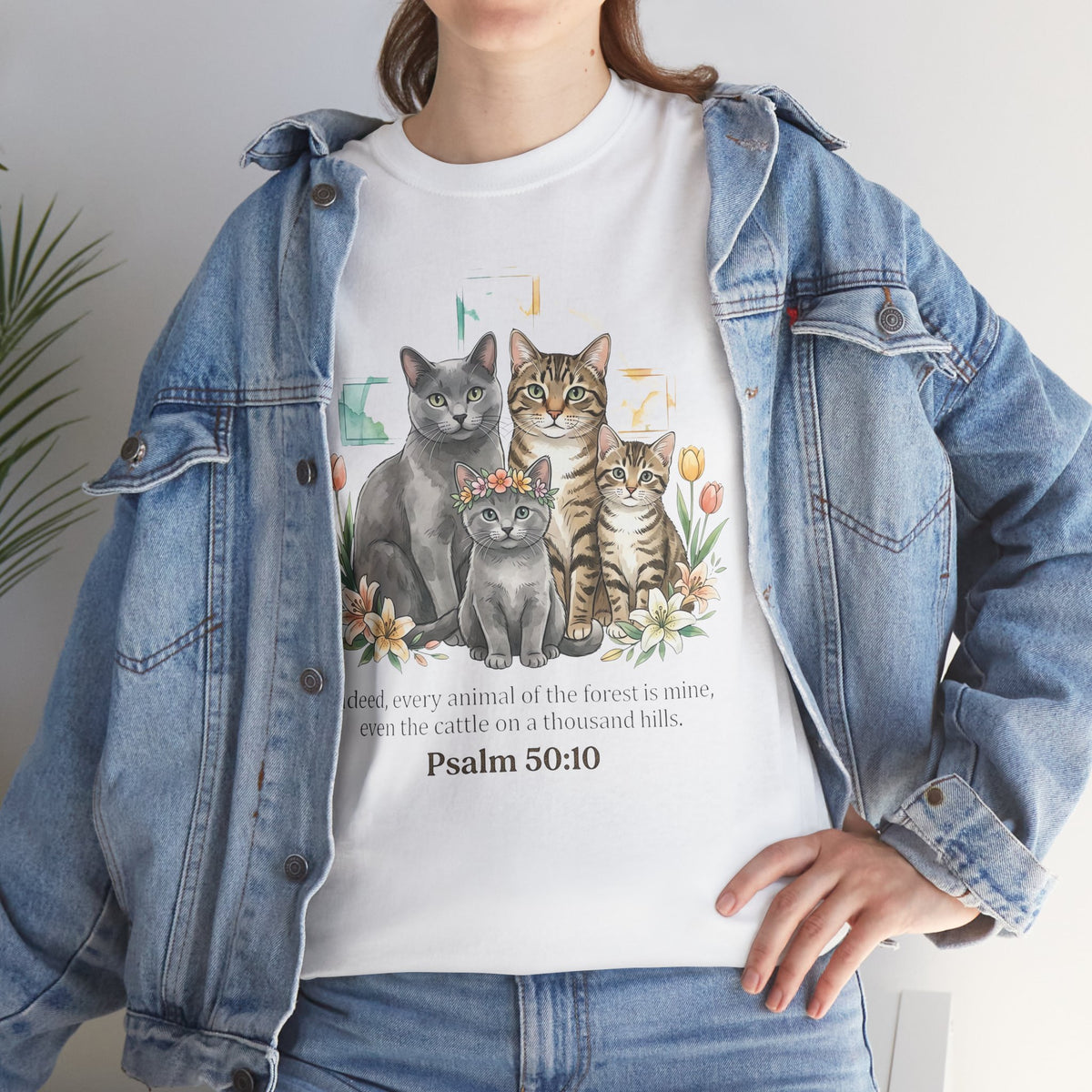 Cat Family Psalm 50:10 Floral T-Shirt — Christian Pet Lover Tee