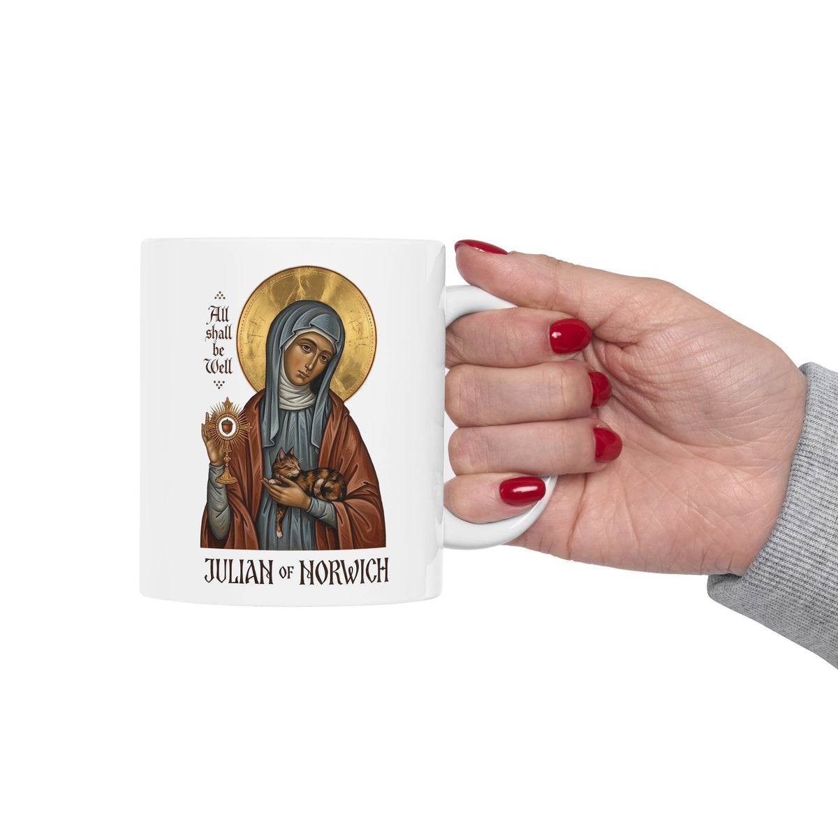 Julian of Norwich & Cat Ceramic Mug — Spiritual Saint Mug for Cat Lovers