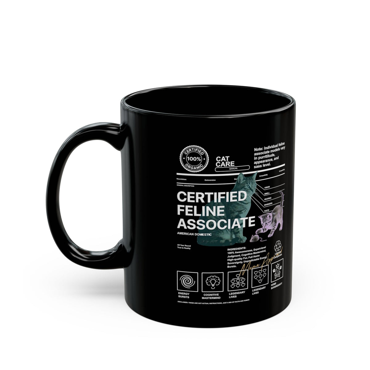 Certified Feline Associate Black Mug — Funny Cat Lover Mug
