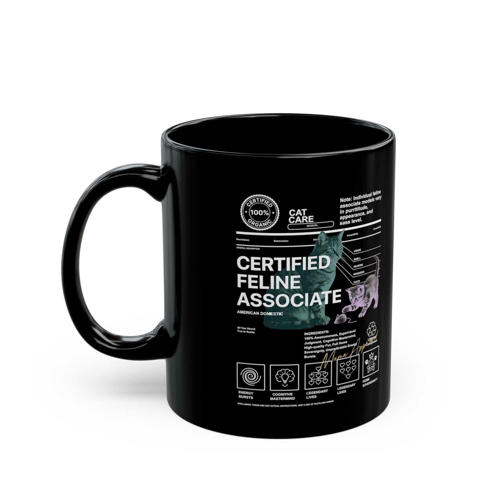 Certified Feline Associate Black Mug — Funny Cat Lover Mug