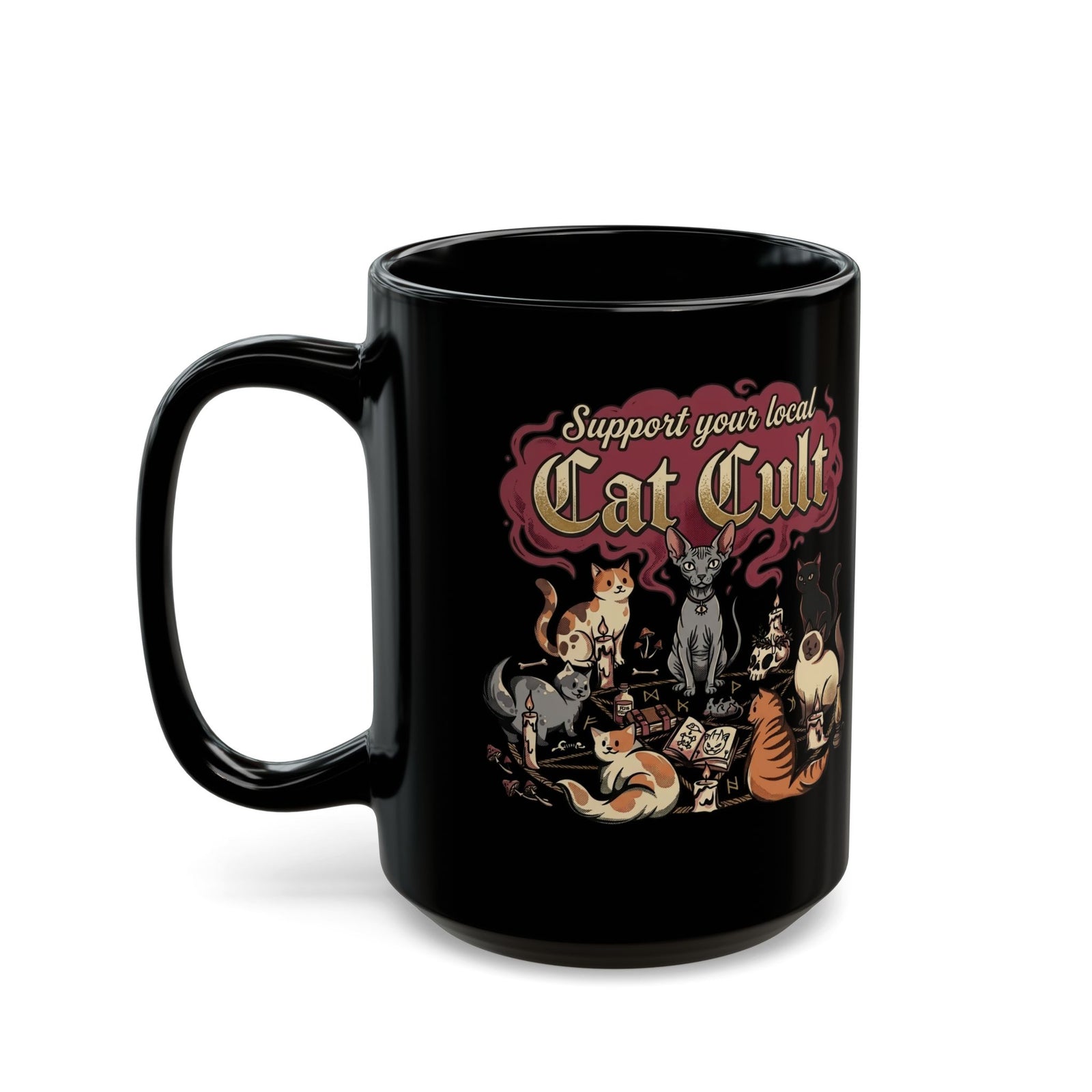 Support Your Local Cat Cult Black Mug — Funny Cat Lover Mug