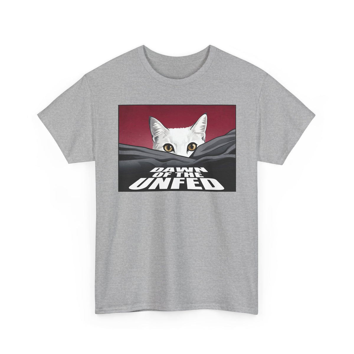 Dawn of the Unfed T-Shirt — Funny White Cat Horror Movie Parody Tee