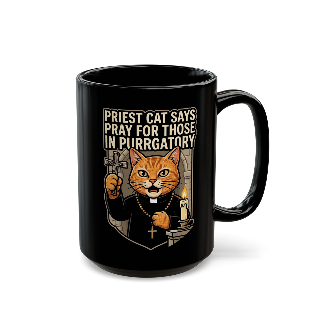 Priest Cat 'Pray For Those In Purratory' Black Mug