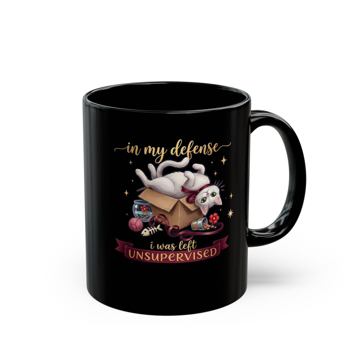 In My Defense I Was Left Unsupervised Black Mug — Funny Cute White Cat Mug