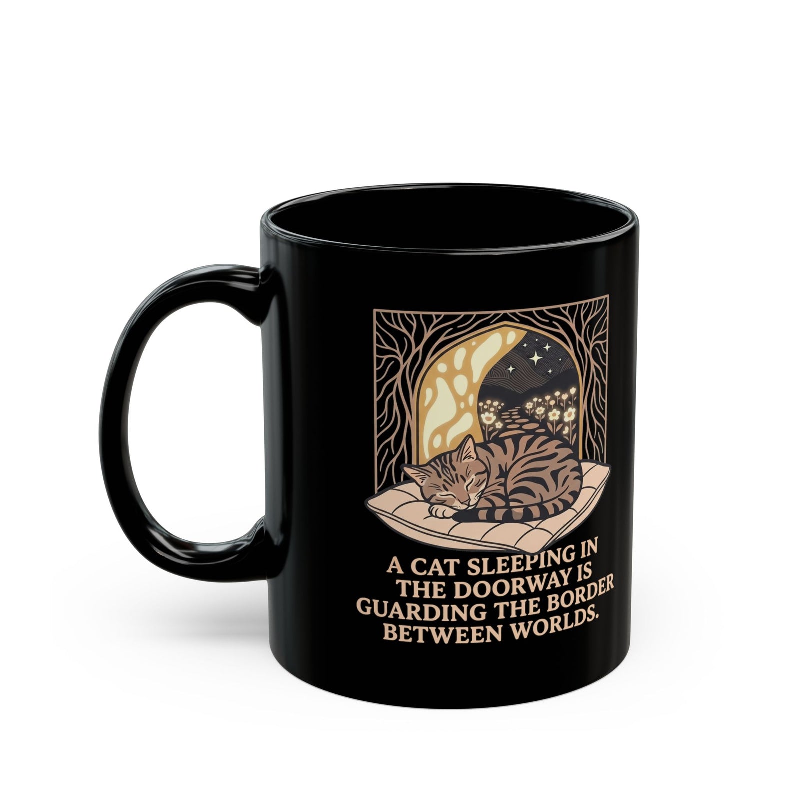 Mystical Cat Sleeping in the Doorway Black Mug — "Guarding the Border Between Worlds"