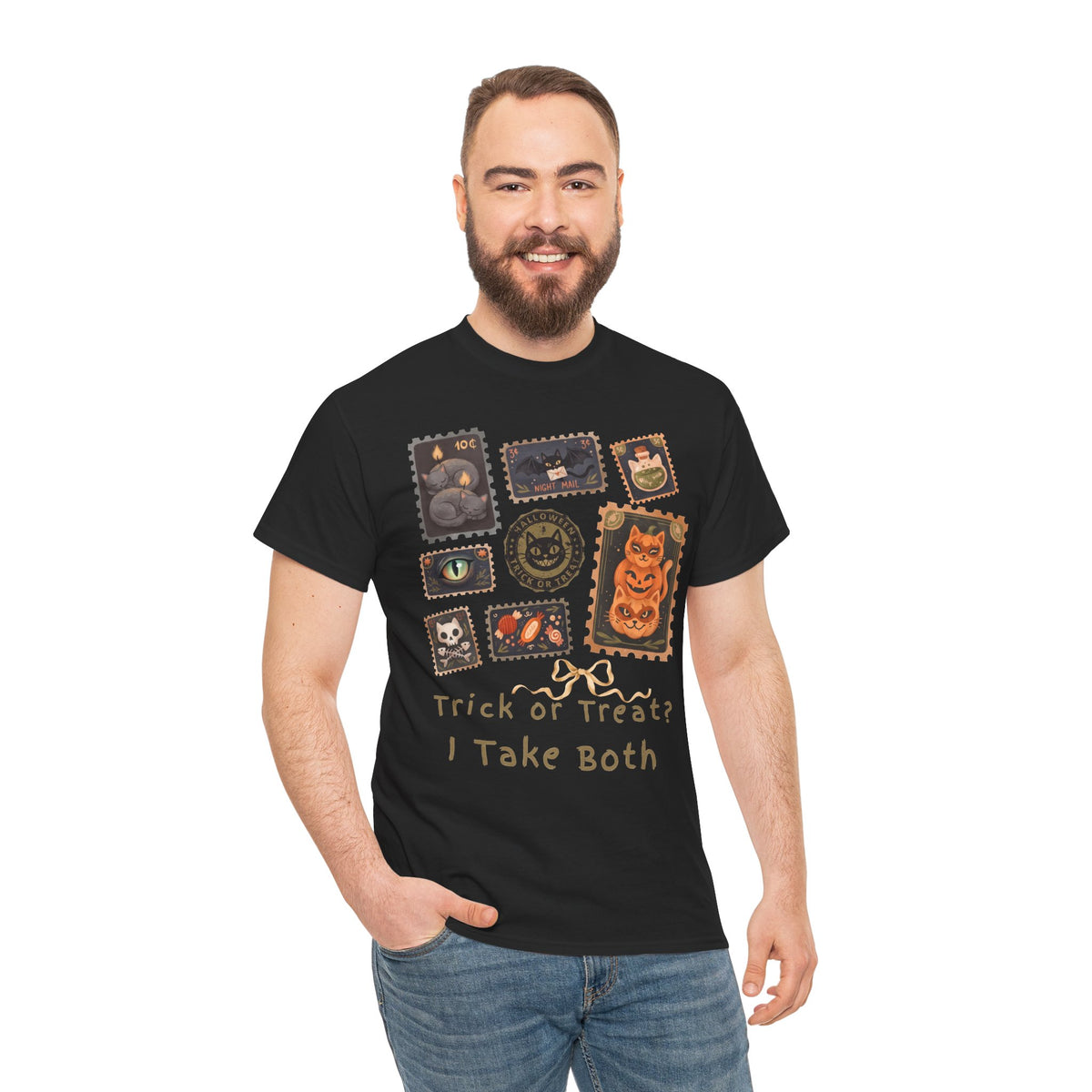 Vintage Halloween Postage Stamp Cats Shirt — Trick Or Treat I Take Both T-Shirt