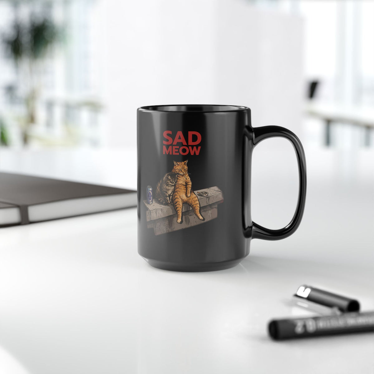 Sad Meow Black Mug — Funny Depressed Smoking Cats Graphic Mug
