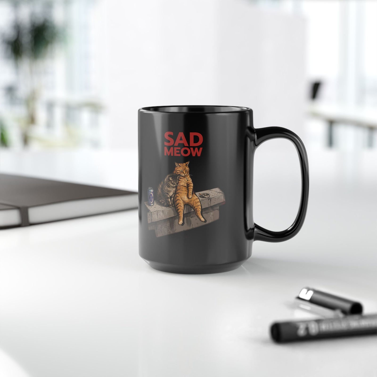 Sad Meow Black Mug — Funny Depressed Smoking Cats Graphic Mug