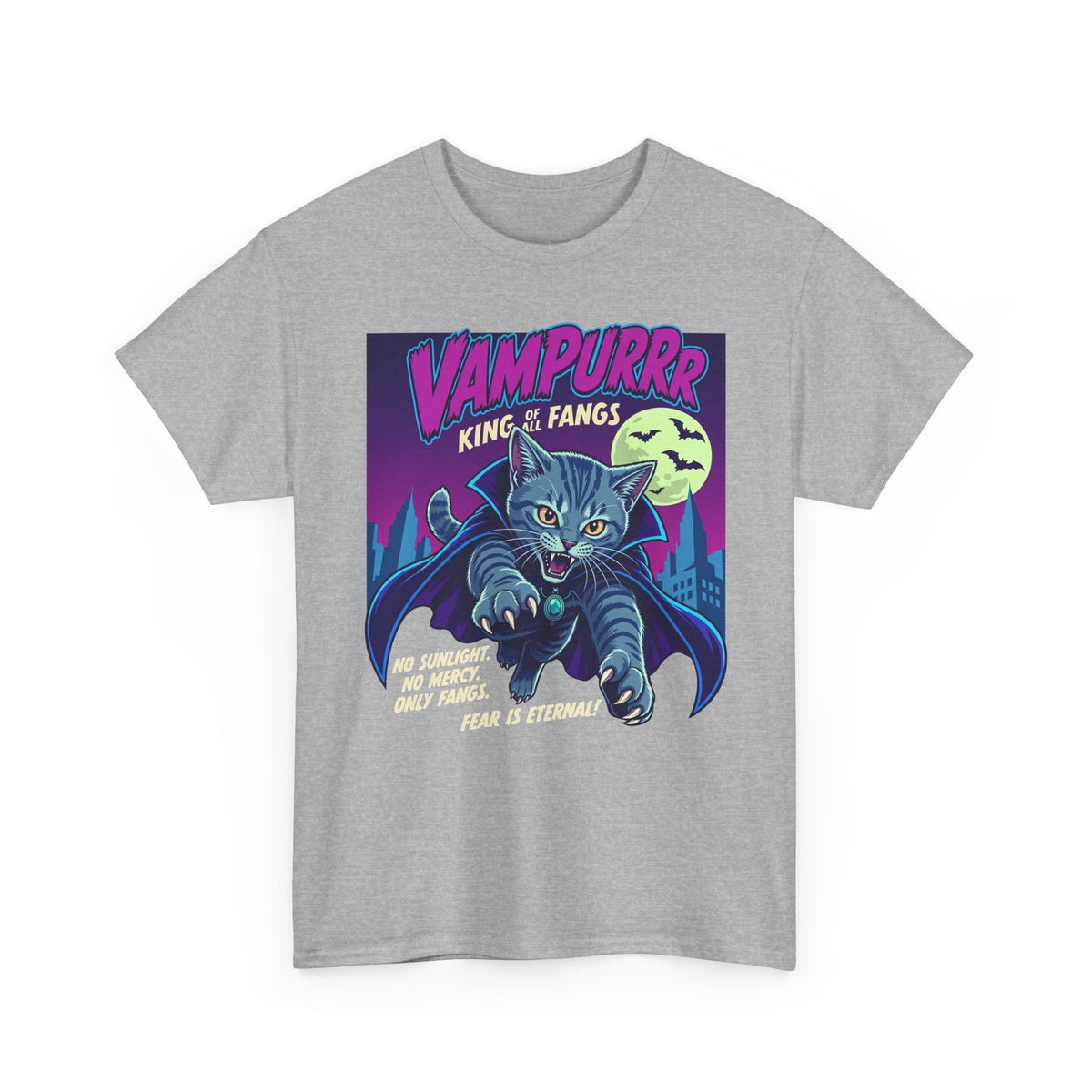 Vampurrr King of Fangs Cat T-Shirt — Retro Vampire Cat Graphic Tee