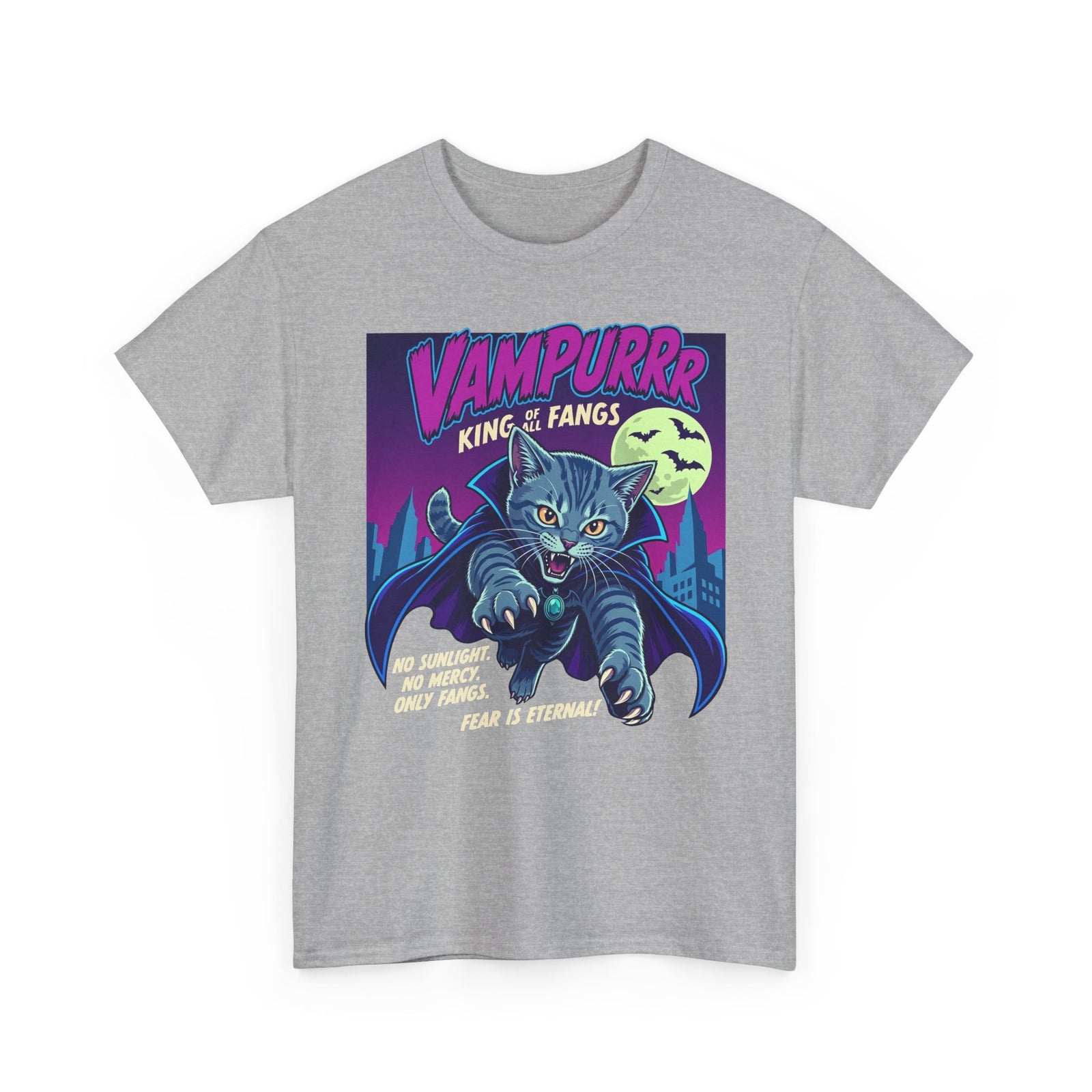 Vampurrr King of Fangs Cat T-Shirt — Retro Vampire Cat Graphic Tee