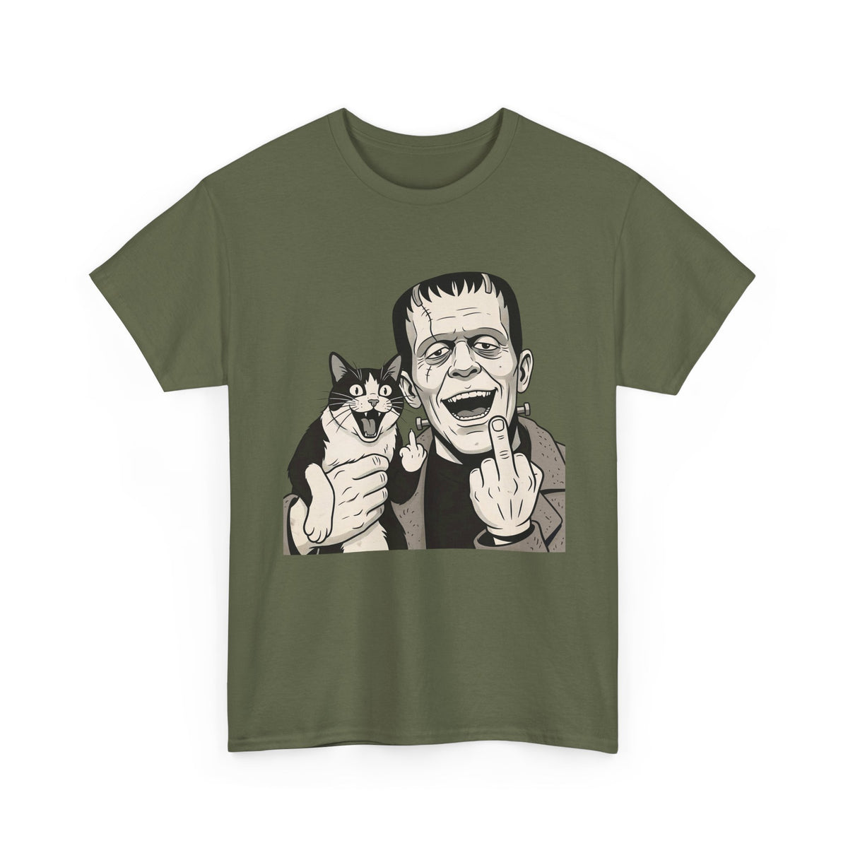 Frankenstein Cat T‑Shirt — Cute Spooky Cat & Frankenstein Design