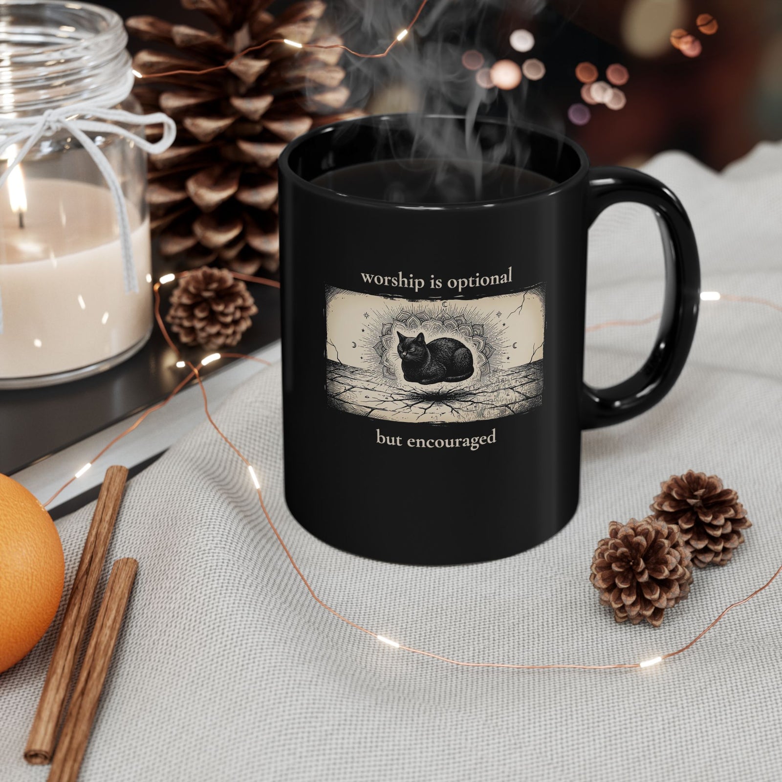 Worship Is Optional But Encouraged Cat Black Mug