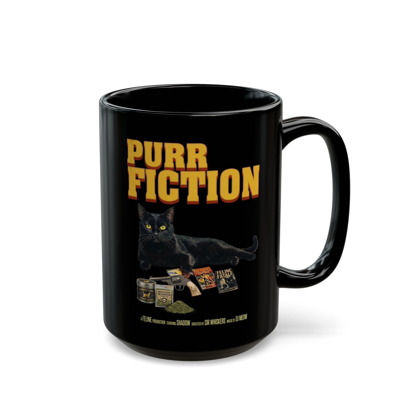 Purr Fiction Cat Parody Black Mug