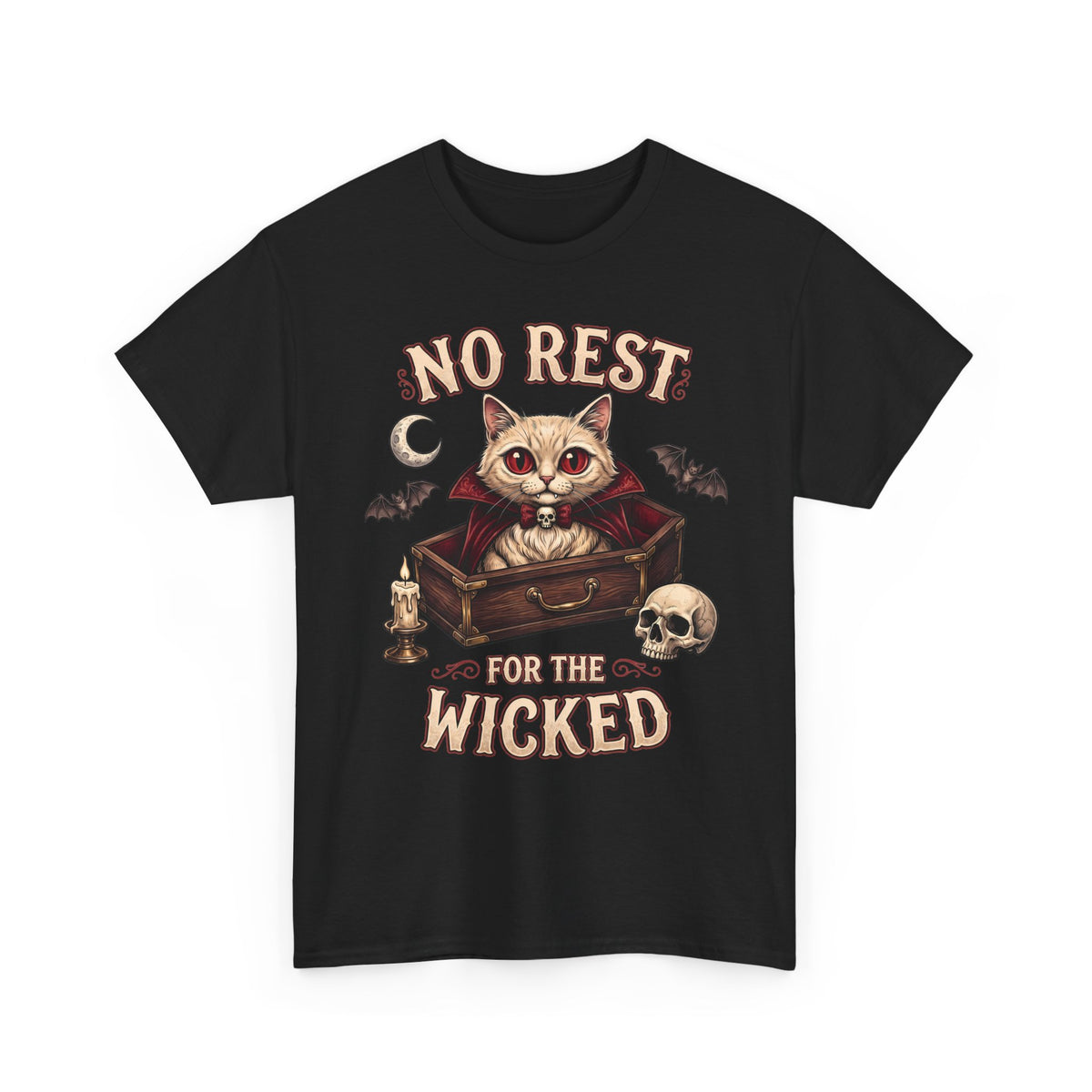 No Rest For The Wicked Vampire Cat Coffin Shirt — Gothic Halloween Tee