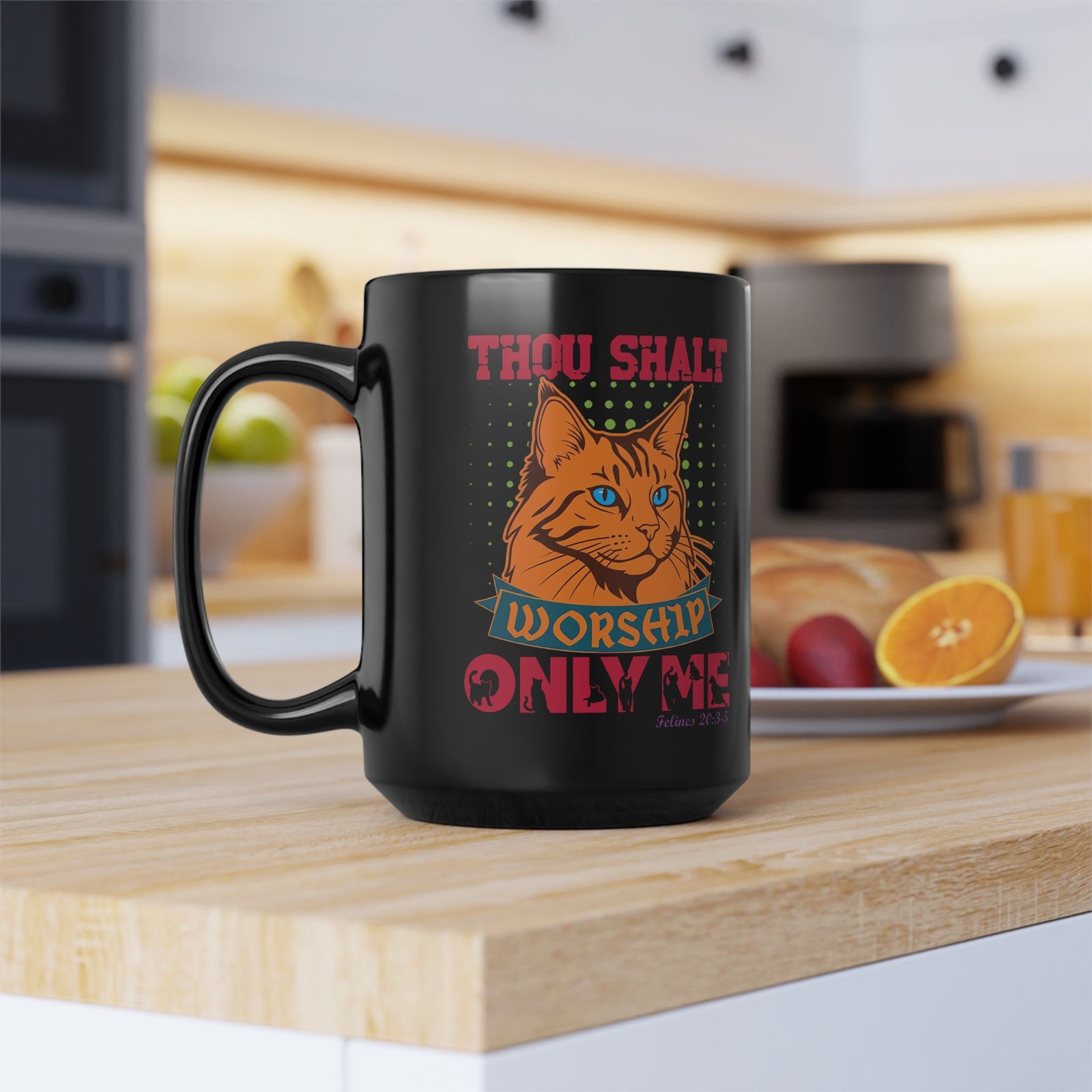 Cat Worship Black Mug — "Thou Shalt Worship Only Me" Retro Orange Cat Mug